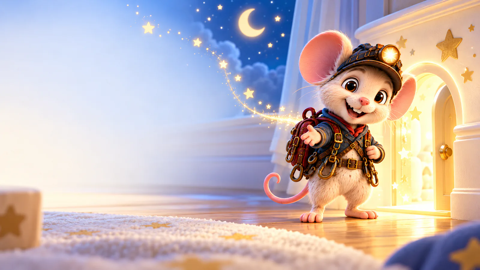 El Ratón Pérez explorador con lámpara dorada junto a su puerta mágica, entre estrellas en una habitación infantil